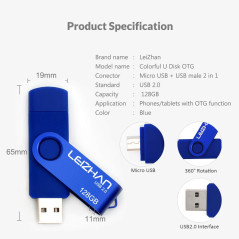LEIZHAN Clé USB 128Go USB 2.0 OTG 2 en 1 Flash Drive Mémoire Stick pour PC Ordinateur Portable Android Smartphone Tablette-Bleu