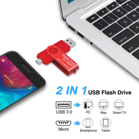 Clé USB 256 Go, 2 en 1 USB 3.0 Mémoire Stick Double Port OTG Pivotant U Disque avec Port Micro USB pour Smartphone Android, Tabl