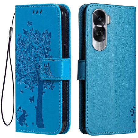 Topme Étui en Cuir pour Honor 90 Lite 5G (6.7" inches), [ Coque Housse de Téléphone Style Motif Chat Et Arbre] - Bleu