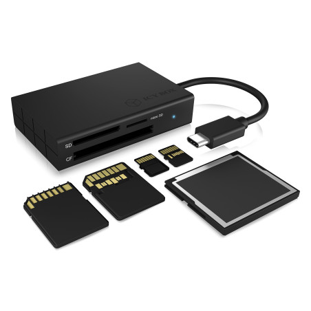 ICY BOX 3X USB-C Lecteur de Carte pour Cartes mémoire CF, SD et microSD, UHS-II, SD 4.0, USB 3.0, Multi-LUN, Aluminium, Noir