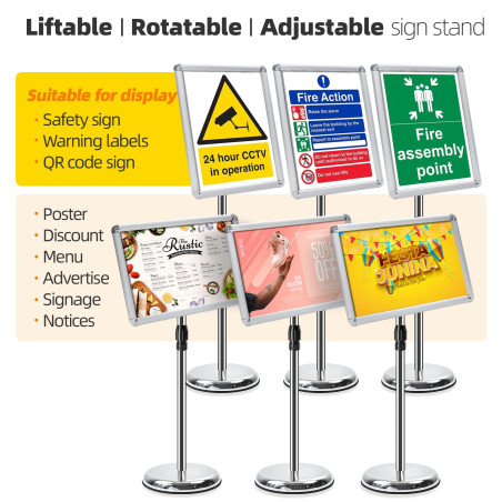 VAIIGO A3 porte - affiche réglable - cadre en aluminium - menu - annonce interchangeable - sécurité et base ronde stable (argent