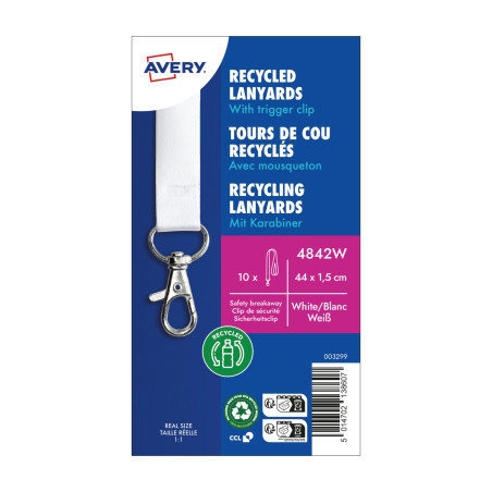 Avery – Lot de 10 tours de cou blanc fabriqué à partir de plastique reconditionnés avec mousqueton en métal 44 x 1,5 cm – tours