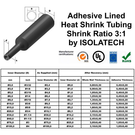 ISOLATECH Gaine thermorétractable au mètre noire avec adhésif Ø 8mm 3 mètres Kit 3:1 Polyoléfine pour l'isolation de câbles Conn