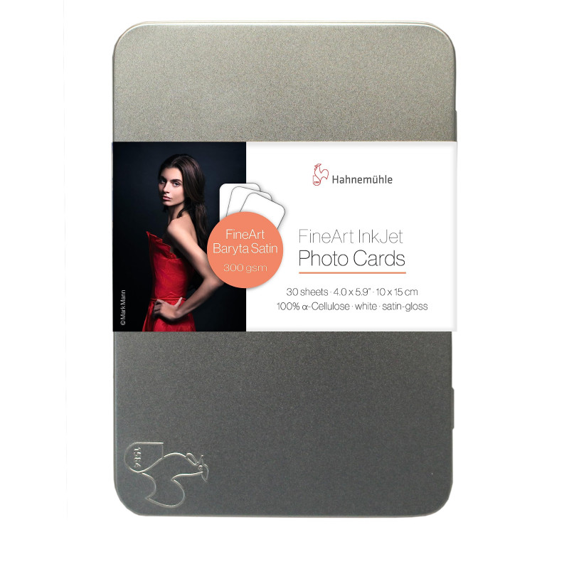 Hahnemühle DFA Lot de 30 cartes photo « FineArt Baryta Satin » 300 g/m² 100 % cellulose alpha dans une boîte métallique 10 x 15 Hahnemühle DFA Lot de 30 cartes photo « FineArt Baryta Satin » 300 g/m² 100 % cellulose alpha dans une boîte métallique 10 x 15