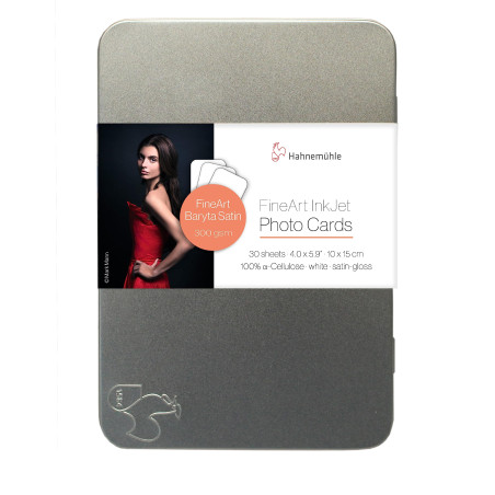Hahnemühle DFA Lot de 30 cartes photo « FineArt Baryta Satin » 300 g/m² 100 % cellulose alpha dans une boîte métallique 10 x 15 