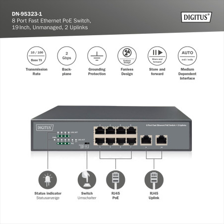 Digitus DN-95323-1 commutateur réseau Fast Ethernet (10/100) Connexion Ethernet, supportant l'alimentation via ce port (PoE) Gri