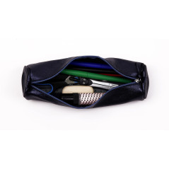 Clairefontaine 8694C - Trousse Scolaire Ronde Bleu pétrole Effet irisé Ø5,5x22 cm en Véritable Cuir d'Agneau