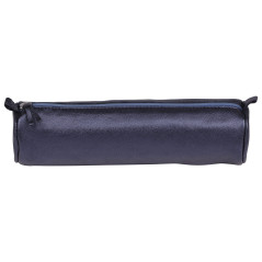 Clairefontaine 8694C - Trousse Scolaire Ronde Bleu pétrole Effet irisé Ø5,5x22 cm en Véritable Cuir d'Agneau