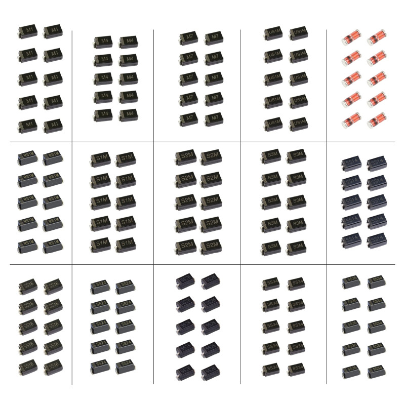 Kit de diodes redresseurs et Schottky SMD - 150 pièces 15 modèles - M1 M4 M7 RS1M S1M S2M S3M SS14 SS16 SS24 SS26 SS34 SS36 US1M Kit de diodes redresseurs et Schottky SMD - 150 pièces 15 modèles - M1 M4 M7 RS1M S1M S2M S3M SS14 SS16 SS24 SS26 SS34 SS36 US1M