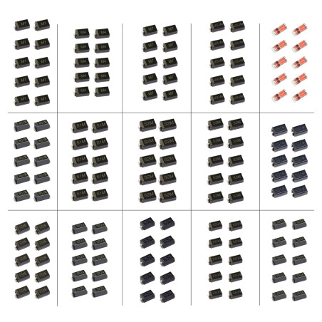 Kit de diodes redresseurs et Schottky SMD - 150 pièces 15 modèles - M1 M4 M7 RS1M S1M S2M S3M SS14 SS16 SS24 SS26 SS34 SS36 US1M