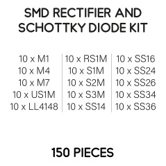 Kit de diodes redresseurs et Schottky SMD - 150 pièces 15 modèles - M1 M4 M7 RS1M S1M S2M S3M SS14 SS16 SS24 SS26 SS34 SS36 US1M