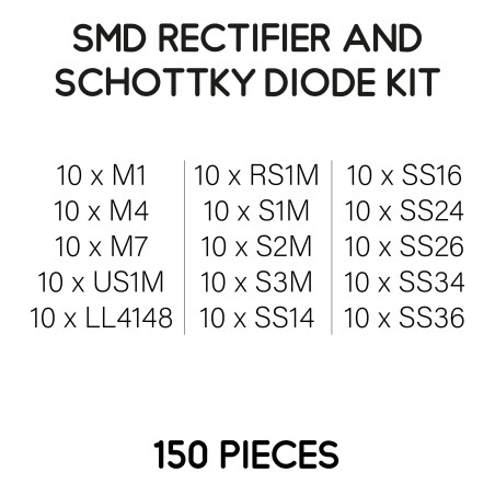 Kit de diodes redresseurs et Schottky SMD - 150 pièces 15 modèles - M1 M4 M7 RS1M S1M S2M S3M SS14 SS16 SS24 SS26 SS34 SS36 US1M