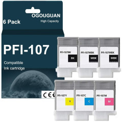 Karl Aiken 6X (2 Noir Mat,1 Photo Noir,1 Cyan,1 Magenta,1 Jaune) PFI-107 130ML Cartouches d'encre Compatible avec Canon IPF-670 