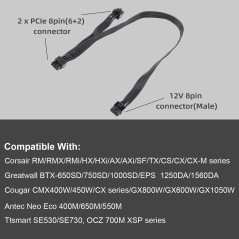 YieJoya Câble PCIE pour Corsair, PSU 8Pin mâle vers double PCIe 8Pin (6+2) mâle Câble d'alimentation pour Corsair Modular Power