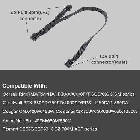 YieJoya Câble PCIE pour Corsair, PSU 8Pin mâle vers double PCIe 8Pin (6+2) mâle Câble d'alimentation pour Corsair Modular Power
