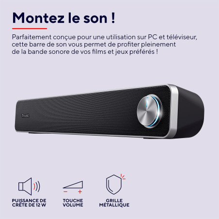 Trust Arys Enceinte PC, 12 Watt, Barre de Son PC, Alimentation USB, Jack 3,5 mm, Haut Parleur pour Ordinateur Portable, Tablette