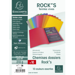 Exacompta - Réf. 217001E - 10 paquets de 10 chemises rigides ROCK"S 210 g/m2 aux couleurs vives - chemises certifiées PEFC - dim