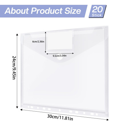 Sosayet Pochette Document A4-20 pcs Pochette Plastique A4 avec 11 Trous - Réutilisables Pochettes Transparentes A4 pour Maison, 