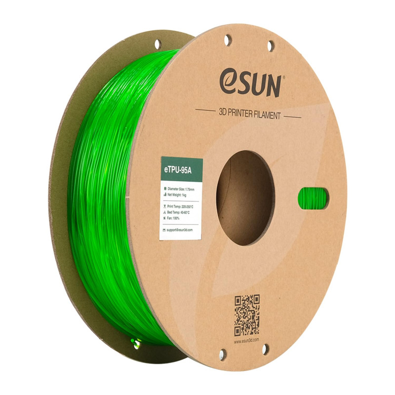 Filament d'impression 3D eSUN TPU-95A 1.75mm, 1KG (2.2 LBS), Vert Transparent, Flexible, Dureté 95A, Tolérance Dimensionnelle +/ Filament d'impression 3D eSUN TPU-95A 1.75mm, 1KG (2.2 LBS), Vert Transparent, Flexible, Dureté 95A, Tolérance Dimensionnelle +/