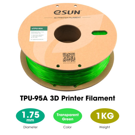 Filament d'impression 3D eSUN TPU-95A 1.75mm, 1KG (2.2 LBS), Vert Transparent, Flexible, Dureté 95A, Tolérance Dimensionnelle +/
