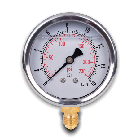 Manomètre glycérine connexion radiale, IP65 inox 63 mm avec connecteur bas, 1 glycérine (0-16 bar)