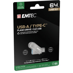 EMTEC - Clé USB 3.2 USB-A Type-C Dual D280 ECMMD64GD283 - Flash Drive Compatibilité Universelle USB 3.2 - Lecture 80Mo/s, Écritu