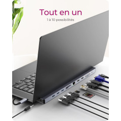 ICY BOX Station d'accueil USB-C (11-en-1) avec 2x HDMI & 1x VGA, Docking Station USB-C pour Ordinateur Portable (Gigabit Etherne