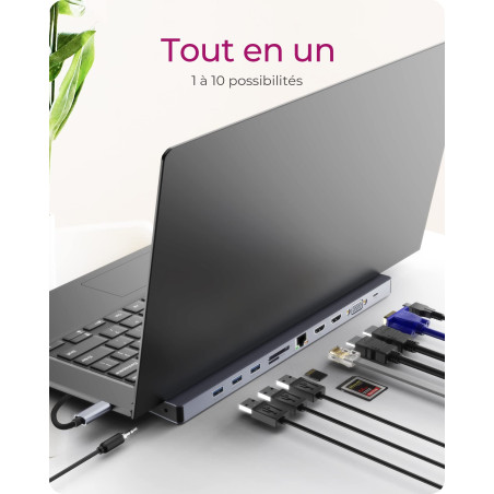 ICY BOX Station d'accueil USB-C (11-en-1) avec 2x HDMI & 1x VGA, Docking Station USB-C pour Ordinateur Portable (Gigabit Etherne