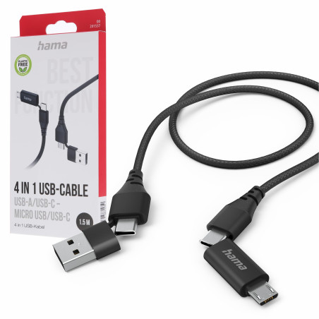 Hama Câble multi chargeur USB 4-en-1 – 2 USB-C, Micro-USB, USB-A – 1,5 m – Charge et transfert rapide – Noir