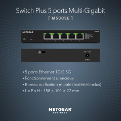 NETGEAR (MS305E) Switch Plus 5 Ports Multi-Gigabit Ethernet - manageable avec 5 x 1G/2,5G, Bureau ou Fixation Murale et Protecti