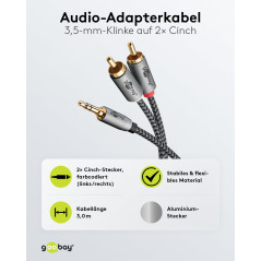 goobay 65289 Câble auxiliaire stéréo RCA vers jack 3,5 3m/ Câble audio auxiliaire hi-fi pour smartphone ; console ; chaîne hi-fi