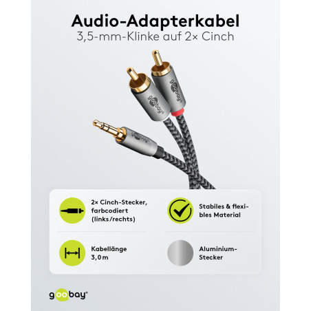 goobay 65289 Câble auxiliaire stéréo RCA vers jack 3,5 3m/ Câble audio auxiliaire hi-fi pour smartphone ; console ; chaîne hi-fi