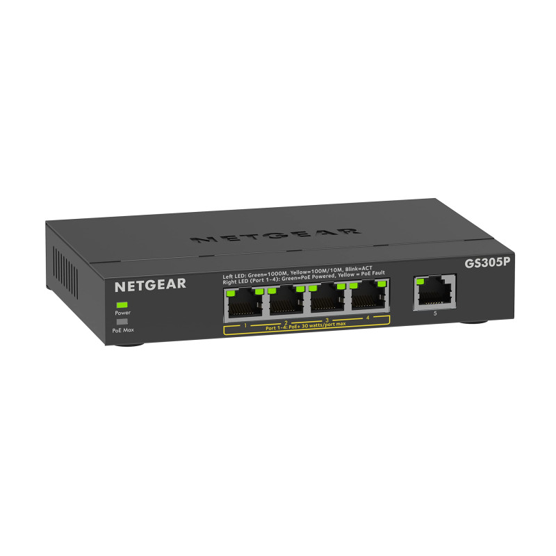 NETGEAR Switch 5 Ports Gigabit Ethernet PoE (GS305PV3) - avec 4 PoE+ à 63 W, Montage sur Un Bureau ou en Rack, Ultra Silencieux NETGEAR Switch 5 Ports Gigabit Ethernet PoE (GS305PV3) - avec 4 PoE+ à 63 W, Montage sur Un Bureau ou en Rack, Ultra Silencieux