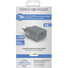 Chargeur maison 45W Power Delivery GaN Garanti à vie Gris - 100% Plastique recyclé Force Power