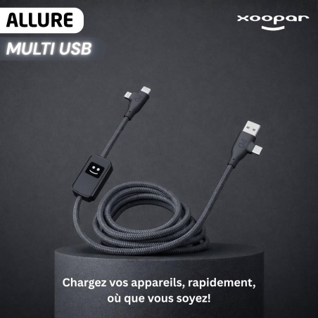Xoopar - ALLURE Câble de Charge Rapide Multi USB 4 en 1 - Chargeur Universel en Plastique Recyclé - Connecteurs USB, USB-C et Li
