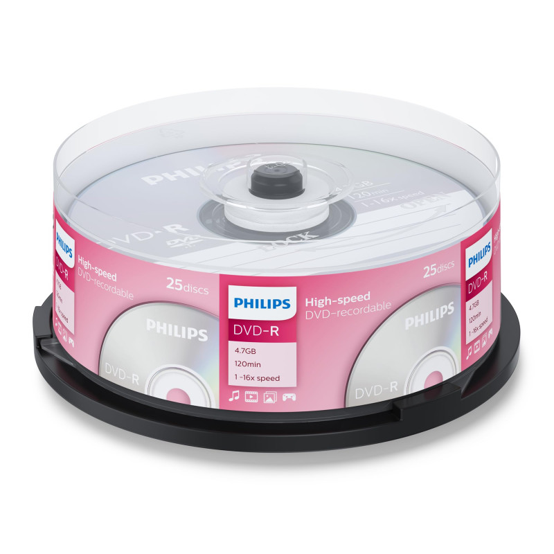 Philips DVD-R High-Speed (4,7 Go / 120 Minutes de vidéo, Vitesse 1-16x, Cake Box 25 pièces)