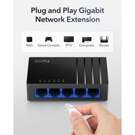 Cudy GS105D Commutateur 5 Gigabit 10/100/1000Mbps Ports RJ45, Commutateur Réseau, Répartiteur LAN, Plug and Play
