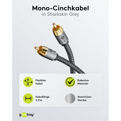 goobay 65297 Câble RCA mono 3m / Câble audio pour subwoofers Hi-Fi/Câble textile flexible/Câble coaxial numérique/Connexions pla