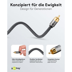 goobay 65297 Câble RCA mono 3m / Câble audio pour subwoofers Hi-Fi/Câble textile flexible/Câble coaxial numérique/Connexions pla