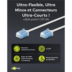 goobay Câble patch slim/ultra flexible RJ45 CAT 6A U/UTP CU/Câble Ethernet fin avec connecteurs courts / 10 Gbit/s LSZH - Protec