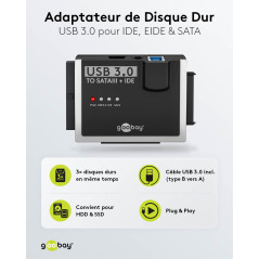 goobay Adaptateur SATA pour disques durs USB 3.0 et IDE/USB HDD & SSD/avec câble USB A vers B & Molex et Bloc d'alimentation 12