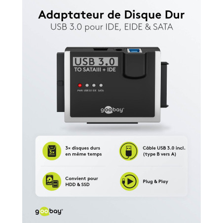 goobay Adaptateur SATA pour disques durs USB 3.0 et IDE/USB HDD & SSD/avec câble USB A vers B & Molex et Bloc d'alimentation 12