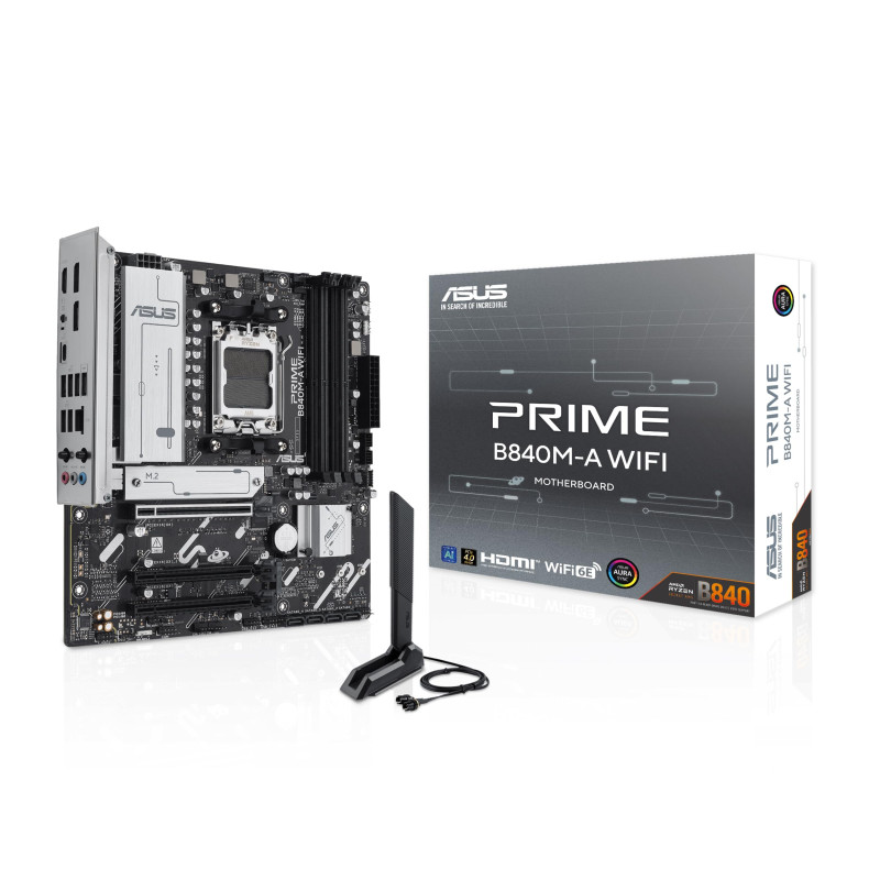 AMD B840 mATX Motherboard, DDR5, PCIe 4.0 Ready, Three M.2 Slots, Wi-FI 6E, Realtek 2.5Gb Ethernet, DisplayPort, HDMI™, Rear and AMD B840 mATX Motherboard, DDR5, PCIe 4.0 Ready, Three M.2 Slots, Wi-FI 6E, Realtek 2.5Gb Ethernet, DisplayPort, HDMI™, Rear and