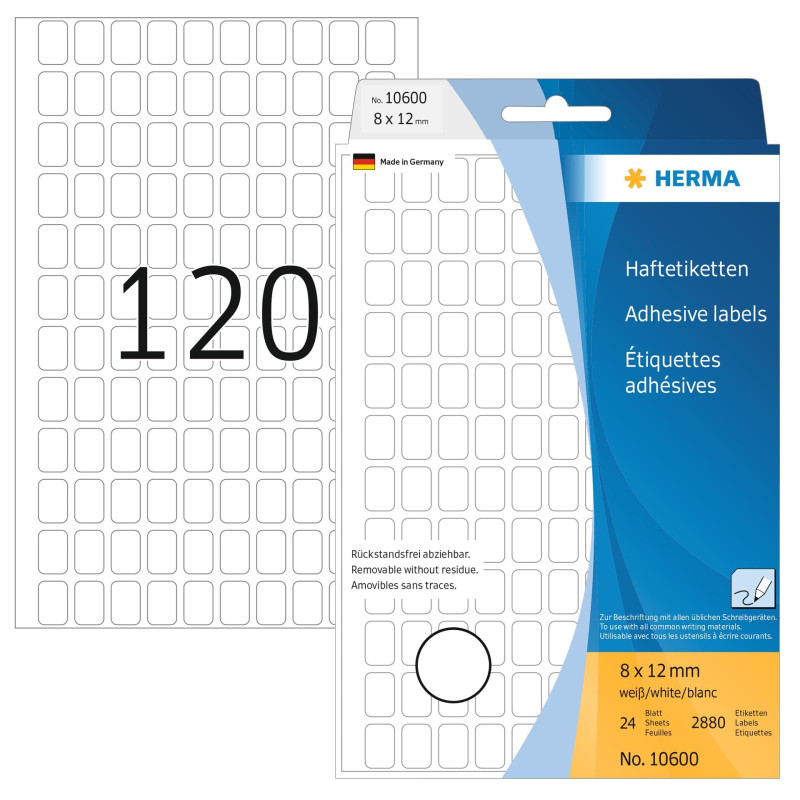 Herma 10600 Étiquettes universelles amovibles/movables 8 x 12 mm 3840 pièces Blanc Herma 10600 Étiquettes universelles amovibles/movables 8 x 12 mm 3840 pièces Blanc