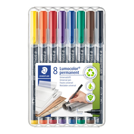 Staedtler Lumocolor Permanent 313, Feutres permanents pour toutes les surfaces, Sans xylène ni toluène, Set de 8 couleurs lumine