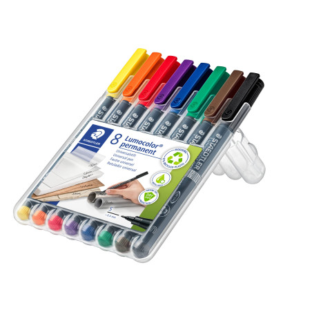 Staedtler Lumocolor Permanent 313, Feutres permanents pour toutes les surfaces, Sans xylène ni toluène, Set de 8 couleurs lumine