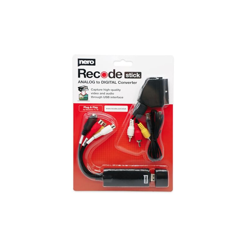 Nero Recode Stick | VHS vers USB Convertisseur | Numériser VHS soi-même | Capture Vidéo Analogique vers Numérique | S-VHS | Hi8 