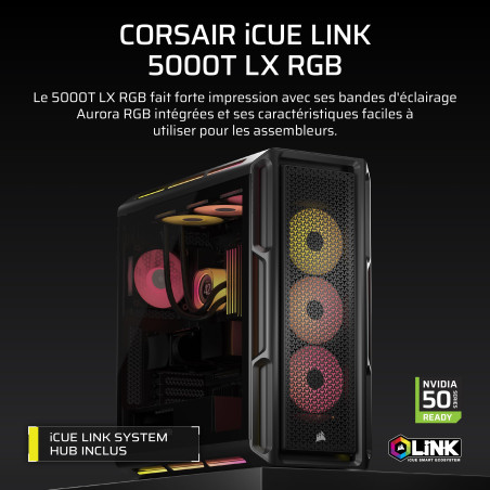 Corsair iCUE Link 5000T LX RGB Boîtier PC ATX de Taille Moyenne – 3X Ventilateurs LX120 RGB Préinstallés, Bandes Lumineuses RGB
