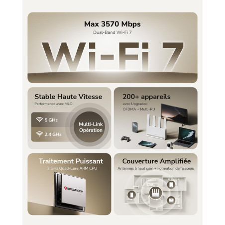 Cudy Routeur double bande BE3600 Wi-Fi 7 WR3600E 4 ports Gigabit, Quad Core 2,0 GHz, 4 antennes VPN Clients & Serveur, Cudy App,
