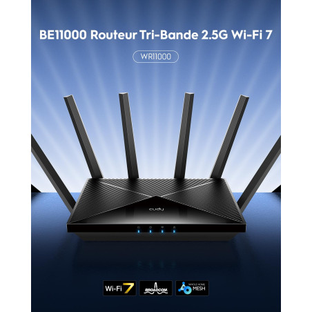 Cudy Routeur Wi-Fi 7 BE11000 tri-bande, 6 flux 10 Gbit/s, 4 ports 2,5 G, jusqu'à 11 000 Mbps, serveur et client VPN, application
